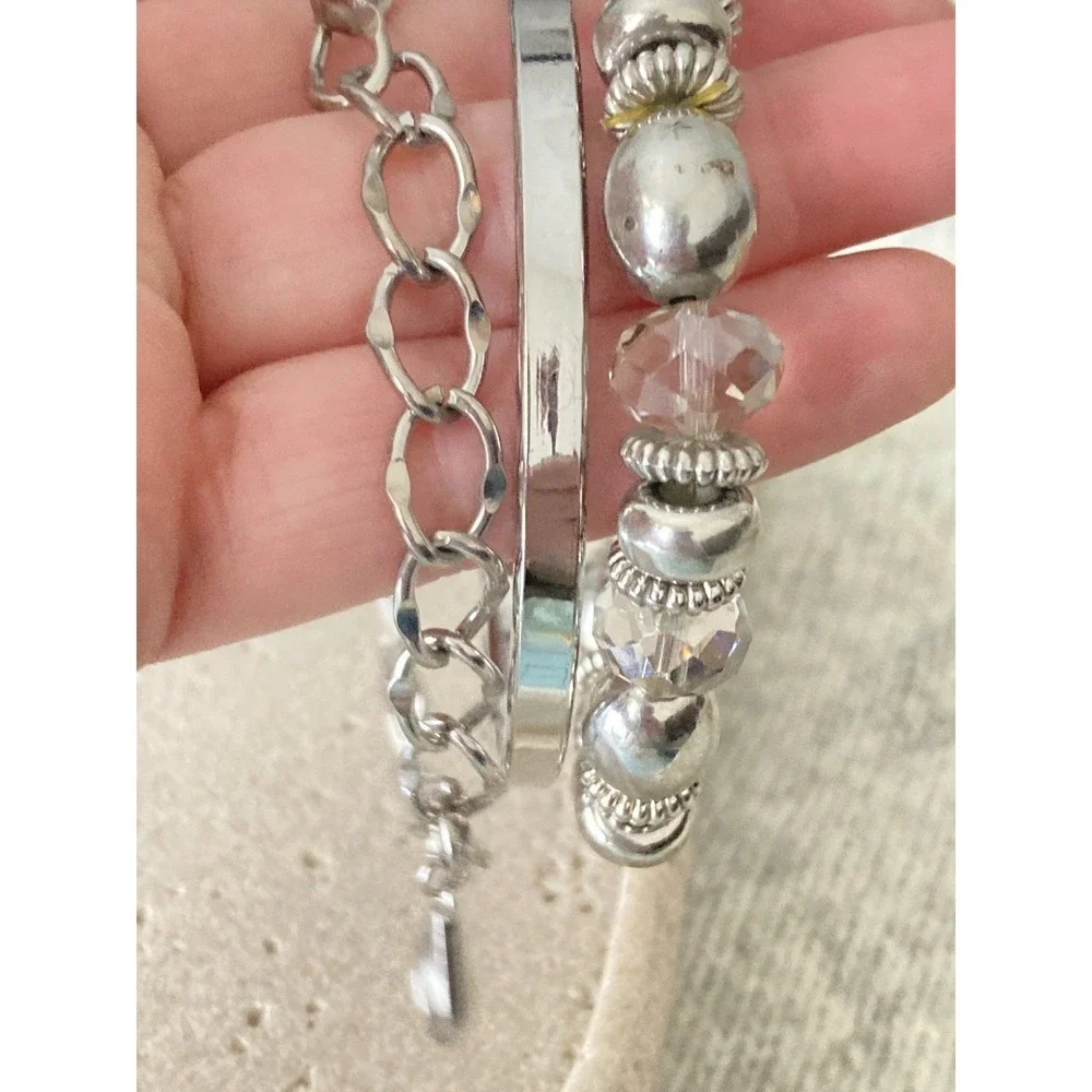 Glossy‎ Silver Tone Bangle Bracelet Set Of 3 Rhinestone Beaded Chain Link Chunky
